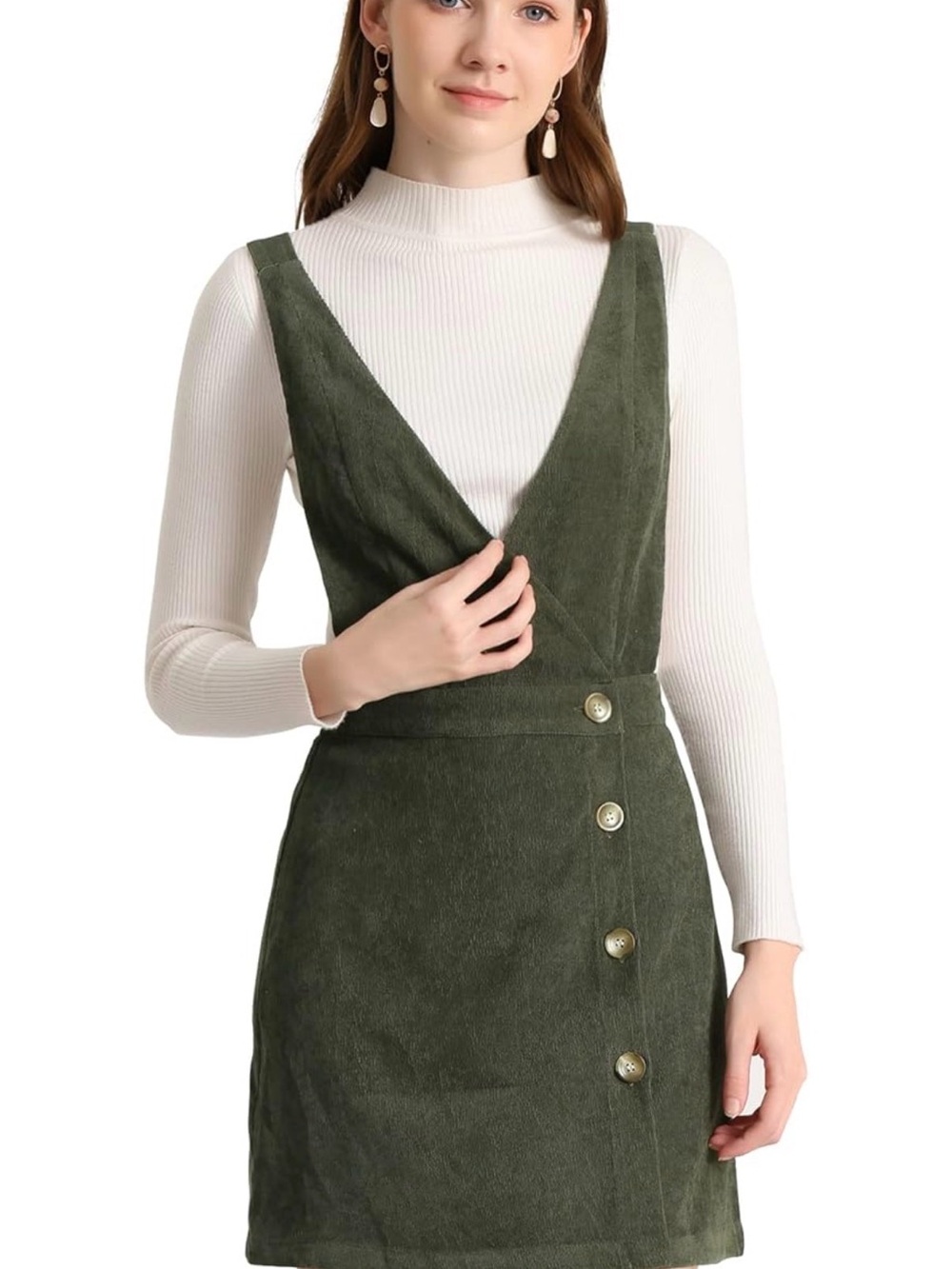 Women’s Deep V Corduroy Pinafore Dress in Olive